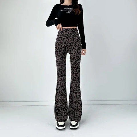 Women Leopard Printed Flared Pants Elasticized High Waist Shark Leggings Casual Spring Summer Korean Slim Straight Tube