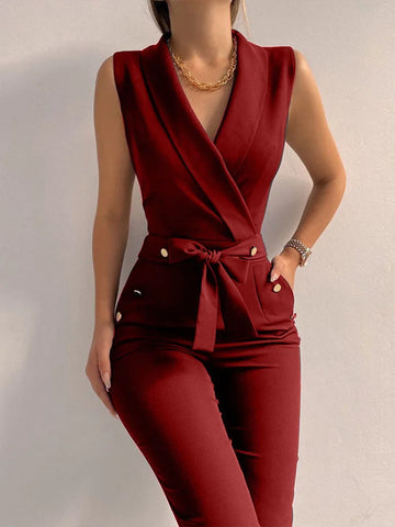 Summer V-Neck Sleeveless Formal Jumpsuit for Office & Parties