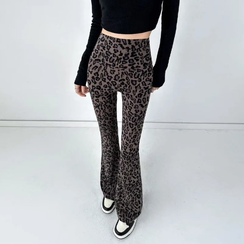 Women Leopard Printed Flared Pants Elasticized High Waist Shark Leggings Casual Spring Summer Korean Slim Straight Tube
