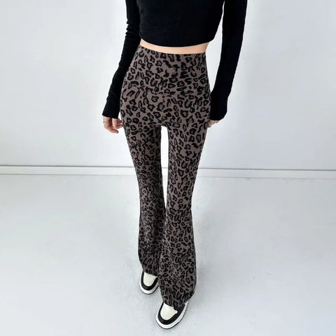 Women Leopard Printed Flared Pants Elasticized High Waist Shark Leggings Casual Spring Summer Korean Slim Straight Tube