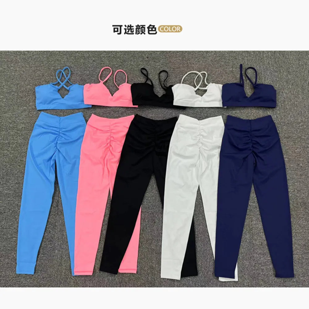 2 Pcs Gym Clothes Women V Back Yoga Set Sports Bra High Waist Leggings Women's Tracksuit Sportswear Fitness Gym Activewear XP310