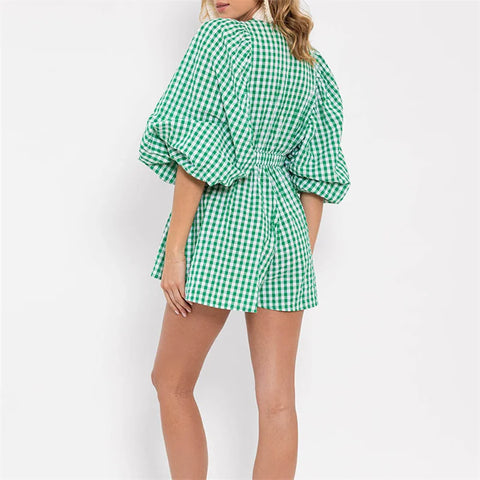 Lamuusaa Women Playsuit y2k Clothes Solid Color/Plaid Print V Neck Bubble Sleeve High Waist Short Jumpsuit Romper Streetwear
