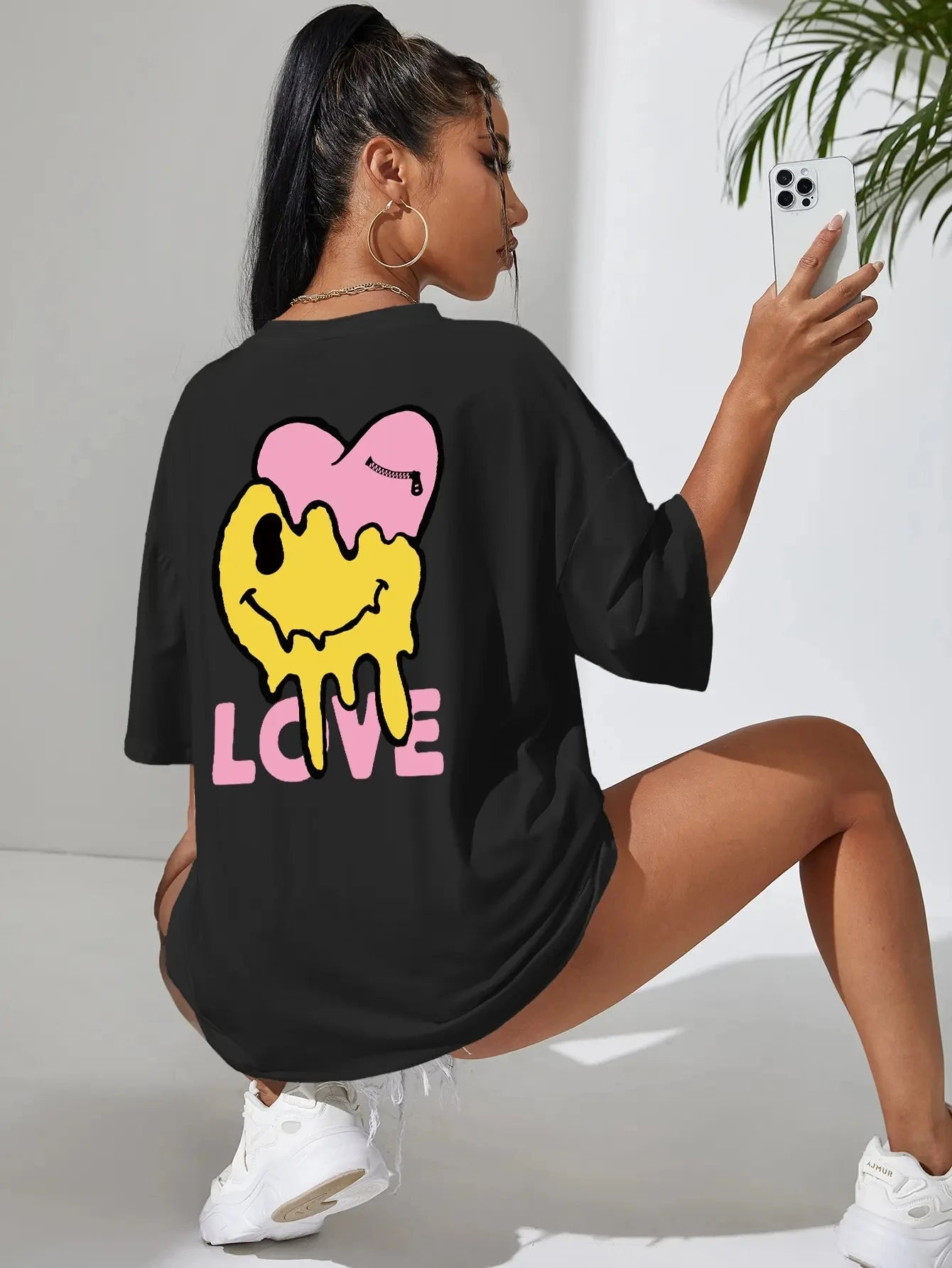 Funny Love Smiling Face T Shirt Women O-Neck Basic Street Fashion Short Sleeved Casual Loose Sport Clothes Soft Cotton Tshirt