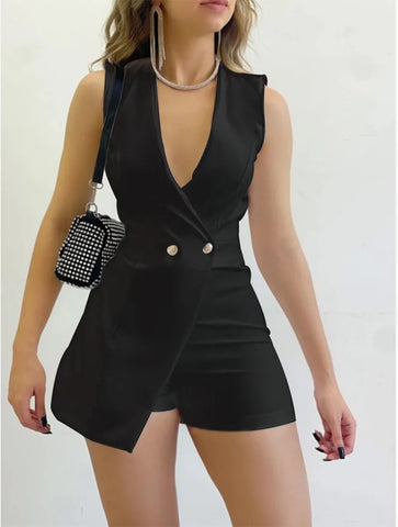 Sexy Deep V Neck Sleeveless Jumpsuit Office Lady Elegant Buttoned Short Style Irregular Jumpsuits 2024 New Slim Women Clothing