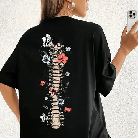 Floral & Skeleton Print Cotton T-Shirt for Women Motivational Grow Through It Personality Female Tee Oversize Tops Soft Clothes