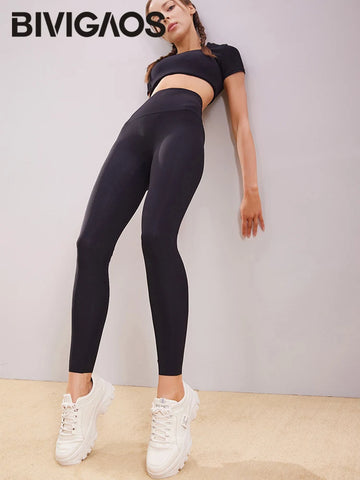 BIVIGAOS Spring Summer New Vertical Line Thread Shark Leggings Women Seamless Cross Plastic Waist Push Up Sports Leggings