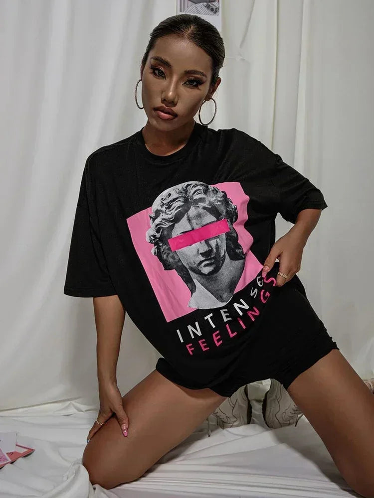 Intense Feelings Drop Shoulder Tee T-Shirts Women Loose High Quality Streetwear Hip Hop Top Y2k Oversize Tops Women T Shirts