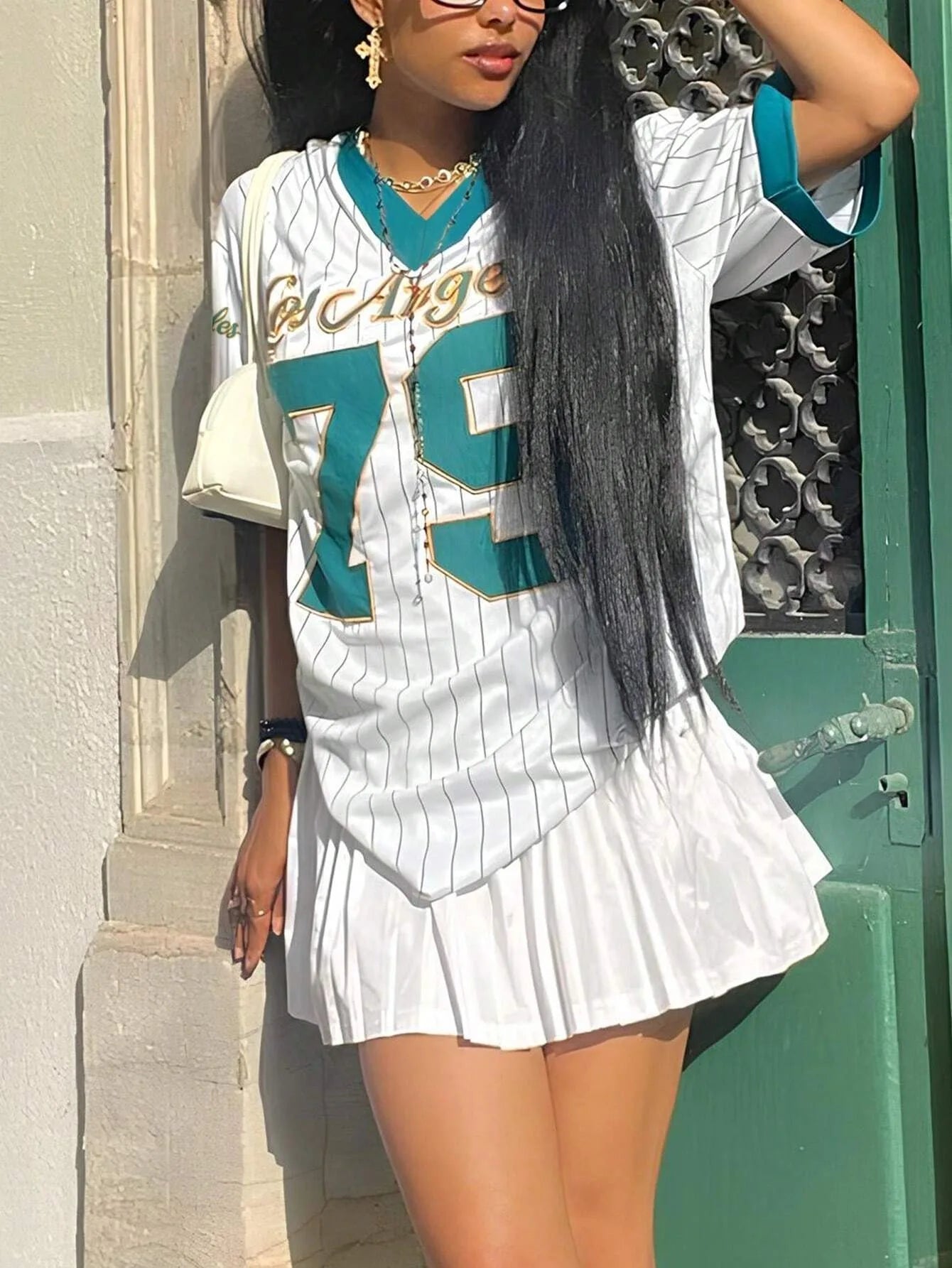 Baseball Jersey Los Angeles Printed V-Neck Half Sleeve Oversized T-shirt