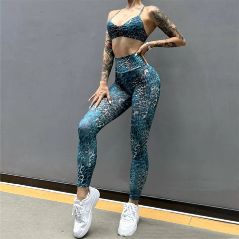 Leopard Bra & Fitness High Waist Raise Scrunch Gym Leggings set