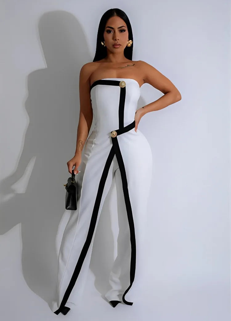 Leosoxs Women Elegant Button Sleeveless Strapless Irregular Formal Jumpsuits