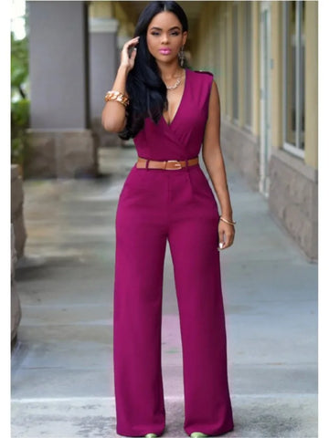 Sexy Deep V Neck Sleeveless Solid Color Formal Fashion Jumpsuit with Wrap Hip