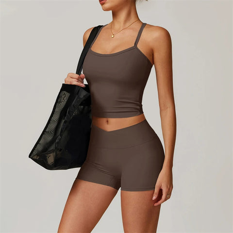 Gym Set Short Yoga Tracksuits Women 2 PCS Sport Suit Fitness Clothing Workout Outfits Push Up Shorts Sporty Bra Sportwear