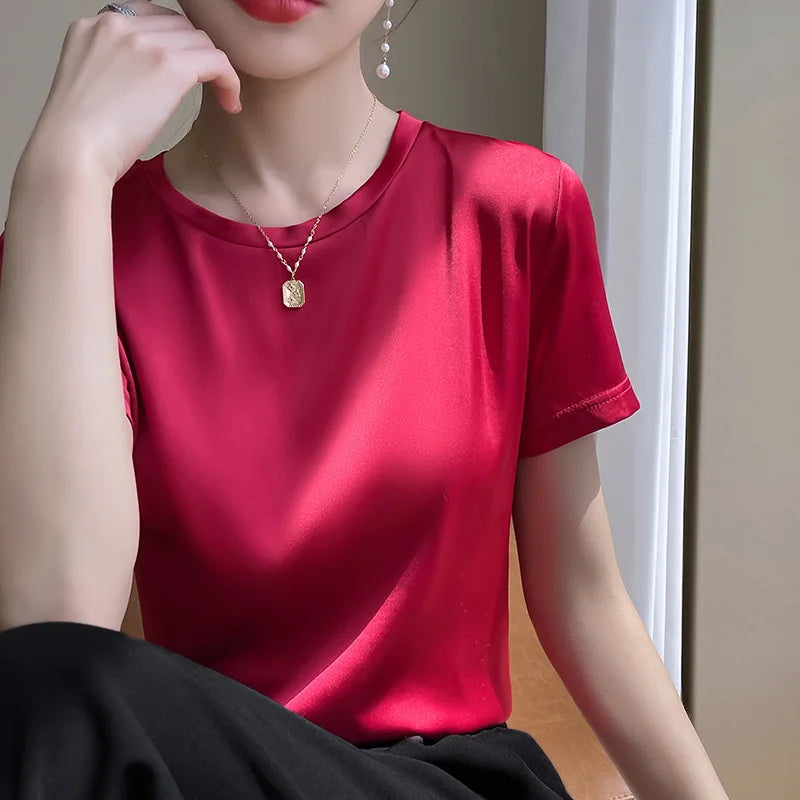 2025 Spring Summer T-shirt Women Solid Short Sleeve Fashion Korean Tops O-neck Casual Office Lady Tshirt Femme Green White Shirt