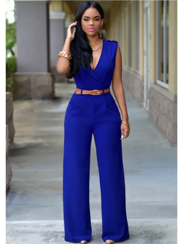 Sexy Deep V Neck Sleeveless Solid Color Formal Fashion Jumpsuit with Wrap Hip