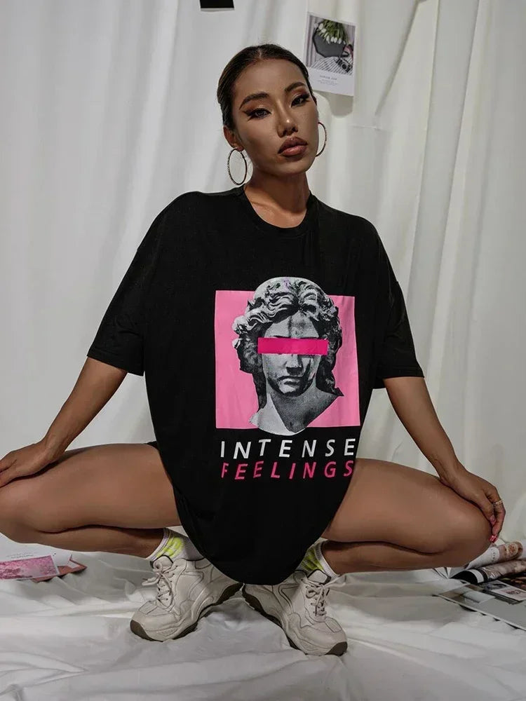 Intense Feelings Drop Shoulder Tee T-Shirts Women Loose High Quality Streetwear Hip Hop Top Y2k Oversize Tops Women T Shirts