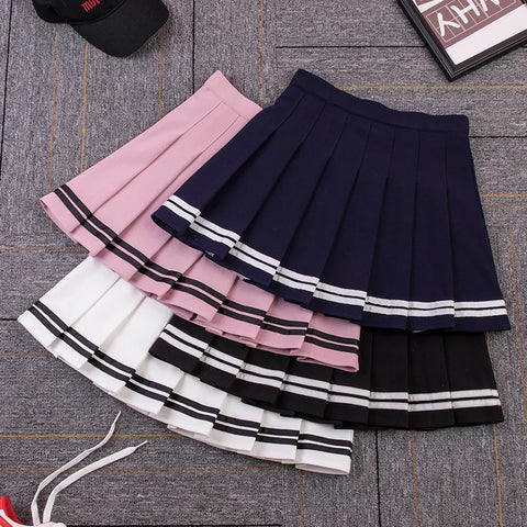 High Waist Striped Pleated Skirt with Lining