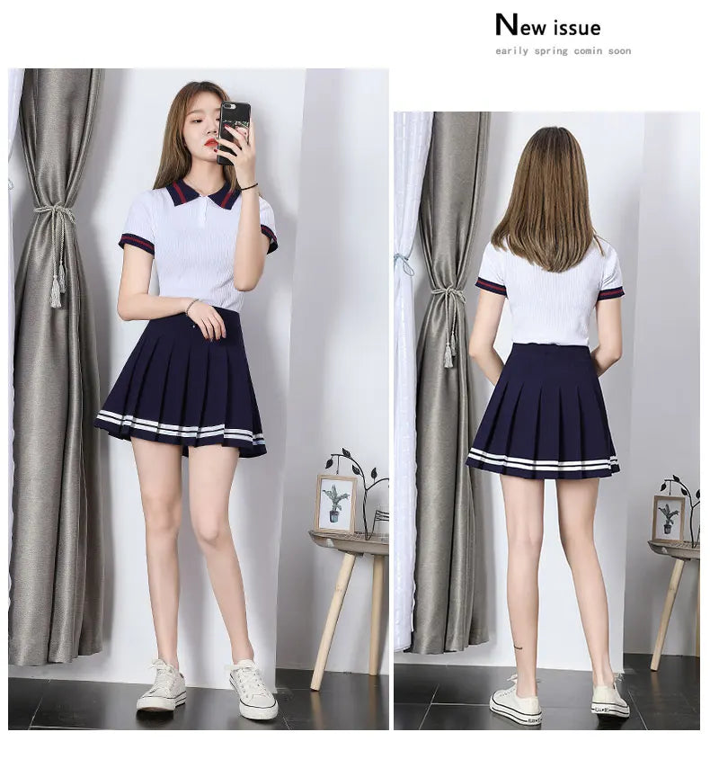 High Waist Striped Pleated Skirt with Lining