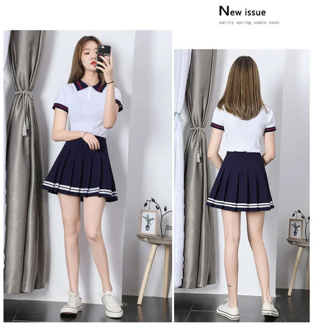 High Waist Striped Pleated Skirt with Lining