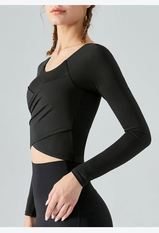 Long Sleeve Cross Pleated Workout Tops