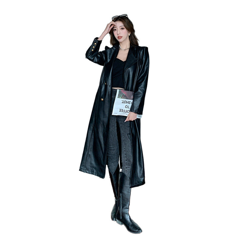 Elegant Leather Lace Up Waist Long Trench Coat