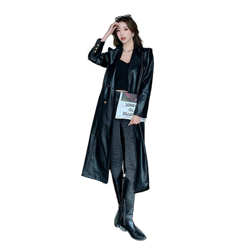 Elegant Leather Lace Up Waist Long Trench Coat