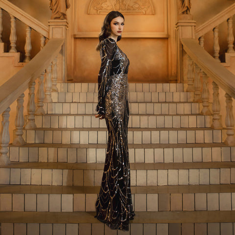 Long Sleeve Slim-fit Sheath Sequined Banquet Fishtail Evening Dress