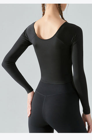 Long Sleeve Cross Pleated Workout Tops