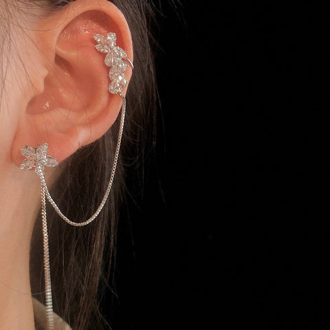 Ins Zircon Long One-piece Tassel Earrings Female Cold Style Flower Stud Earrings Ear Clip