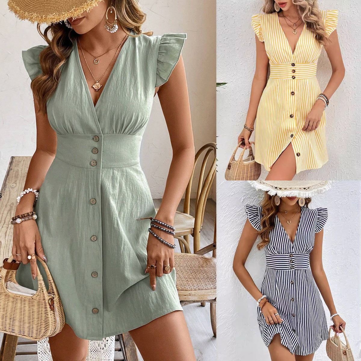 Summer V-neck Single-breasted Fly-sleeve Women's Shirt Dress