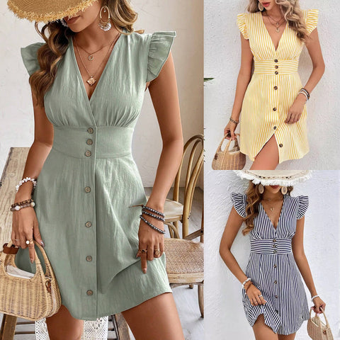 Summer V-neck Single-breasted Fly-sleeve Women's Shirt Dress