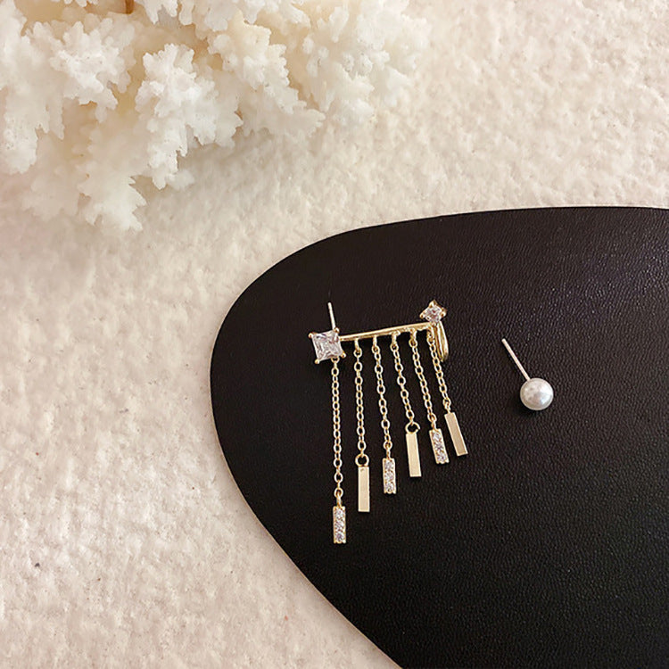 Ins Zircon Long One-piece Tassel Earrings Female Cold Style Flower Stud Earrings Ear Clip