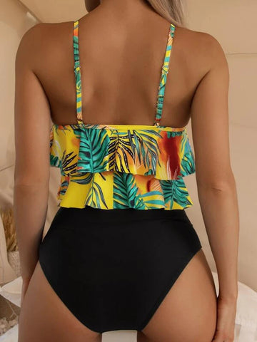 Tropical Print Ruched High Waisted Tankini Summer Beach