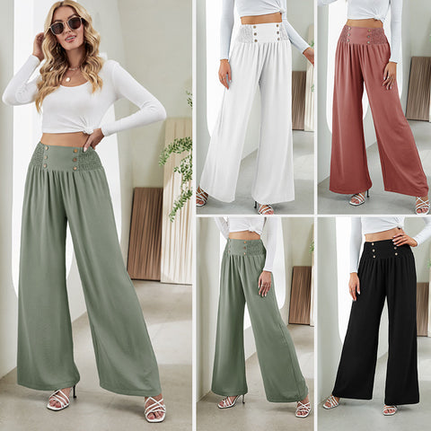 Elastic High Waist Straight Wide Leg Pants Casual Trousers