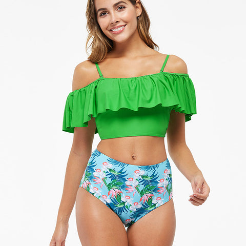 Women's High-waisted Belly Covering Printed Swimsuit Bikini