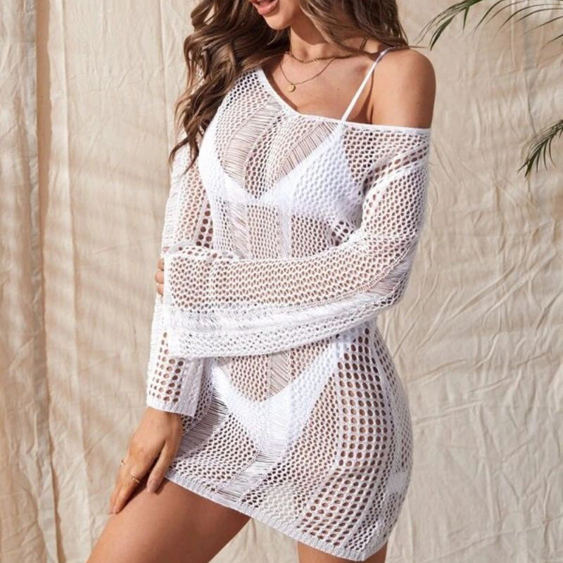 Knitted Hollow Backless Sexy Long Sleeve Narrow Bikini Cover up