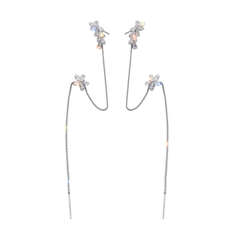 Ins Zircon Long One-piece Tassel Earrings Female Cold Style Flower Stud Earrings Ear Clip