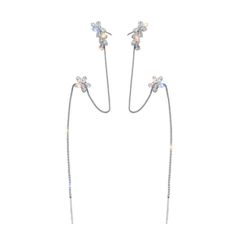 Ins Zircon Long One-piece Tassel Earrings Female Cold Style Flower Stud Earrings Ear Clip