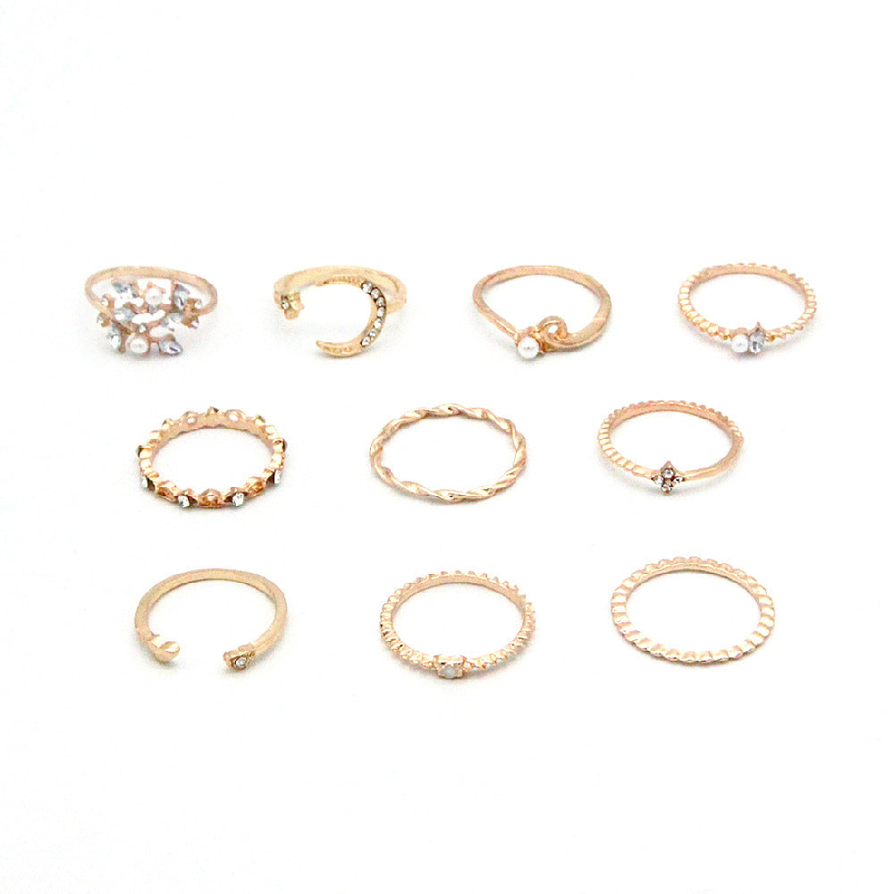 Bohemian Star Moon Love Pearl Leaf 10-Piece Ring