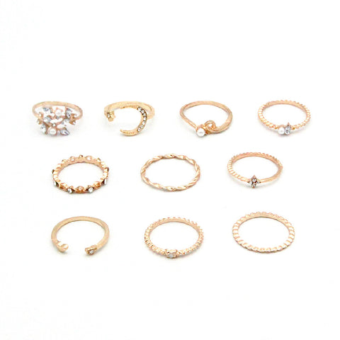 Bohemian Star Moon Love Pearl Leaf 10-Piece Ring