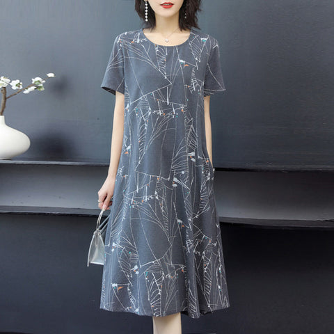 Round Neck Short Sleeve Printed Midi Skirt