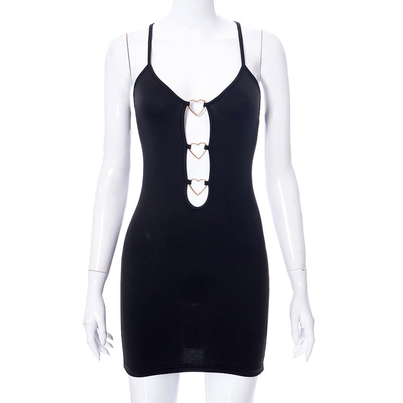 Hollow Out Bodycon Dress Camisole Heart Ring Decor Club Sexy Party Dress For Women