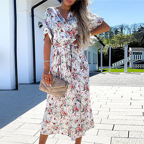 Printed Waistband And Big Hem Midi Dress