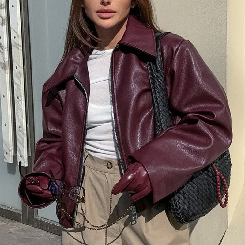 Long Sleeved Solid Color Lapel Zipper Jacket Coat