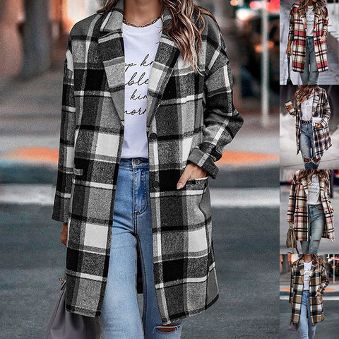 Plaid Woolen Long Jacket With Turndown collars and Pockets