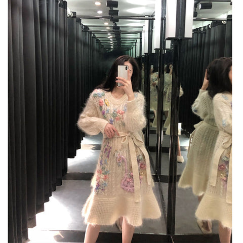 Long Sleeve Student Tie Midi Dress