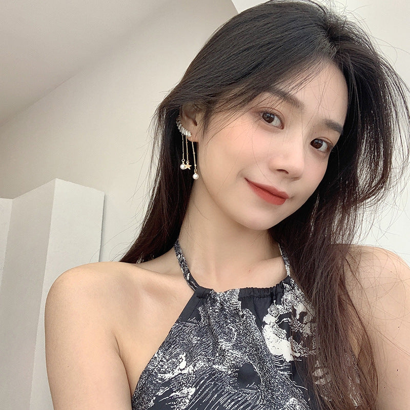 Ins Zircon Long One-piece Tassel Earrings Female Cold Style Flower Stud Earrings Ear Clip
