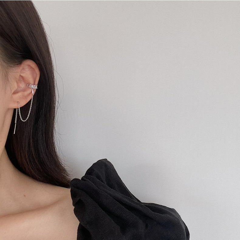 Ins Zircon Long One-piece Tassel Earrings Female Cold Style Flower Stud Earrings Ear Clip