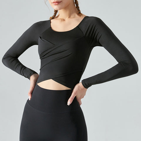 Long Sleeve Cross Pleated Workout Tops