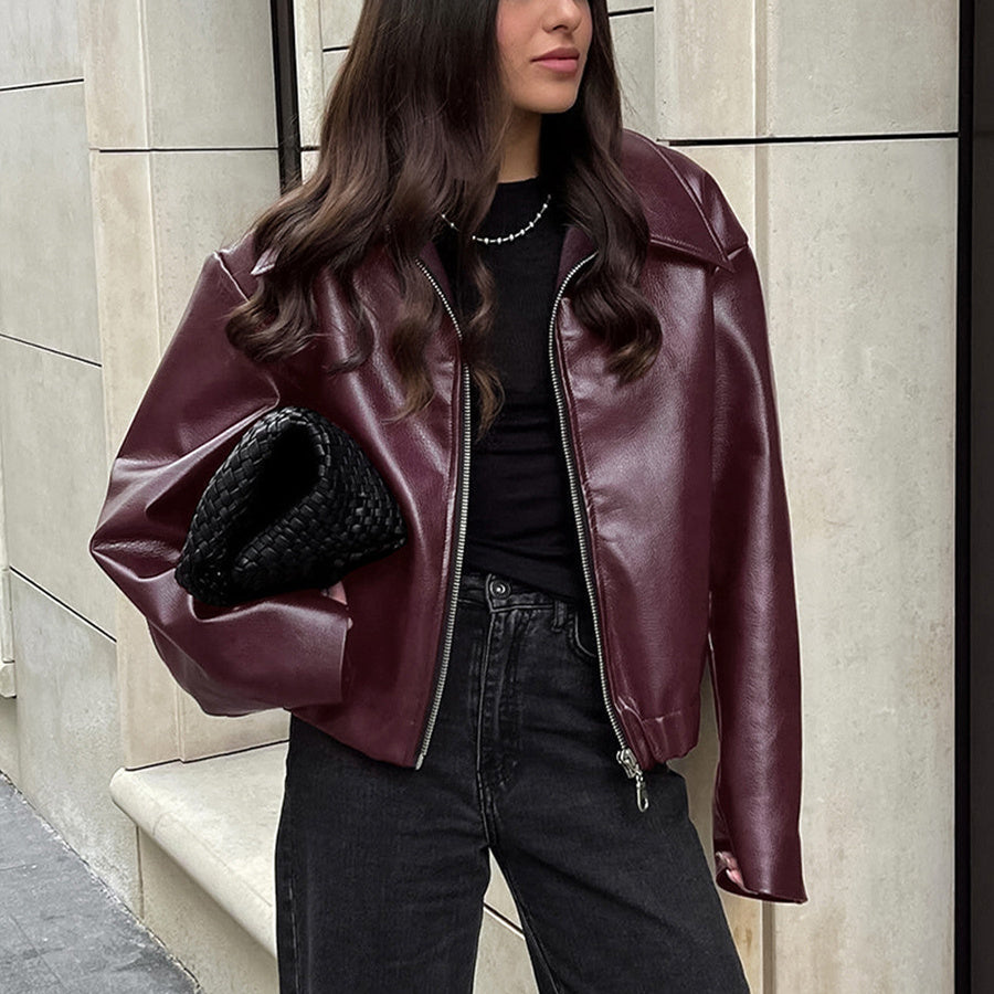 Long Sleeved Solid Color Lapel Zipper Jacket Coat