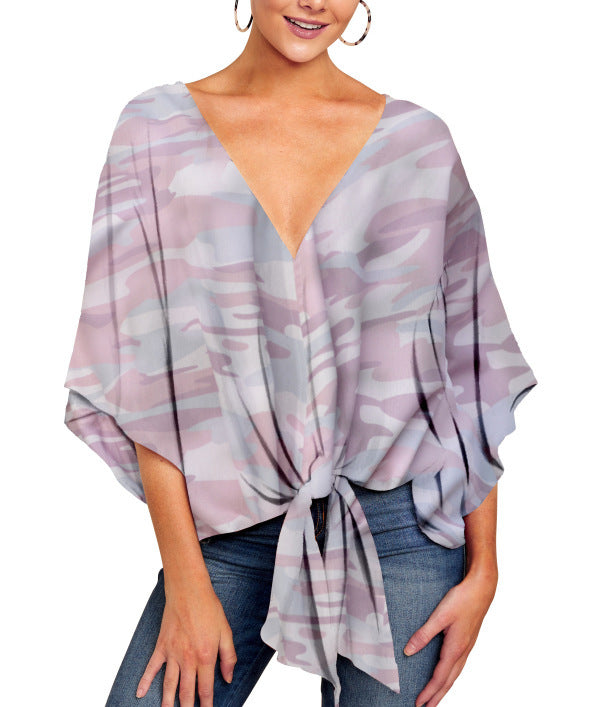 New V Neck Leopard Print Floral Tie Front Blouses